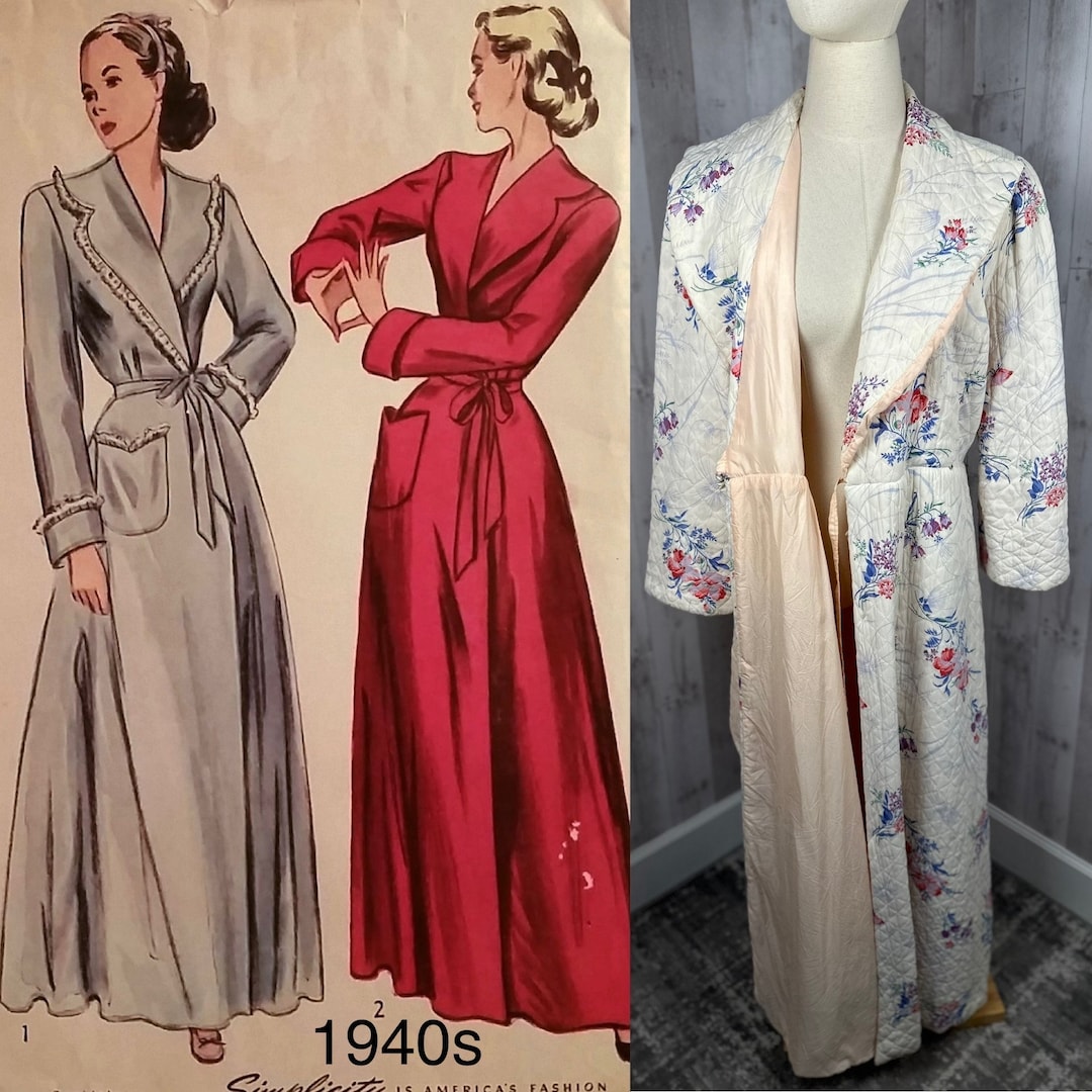 Vanity Robe 1940s Antique Quilted Dressing Gown / Robe / Peignoir ~ White Vintage Floral 1930s Medium
