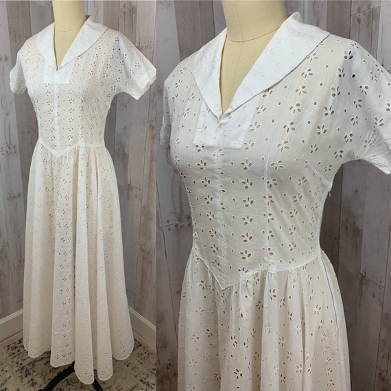 1940s Vintage Sheer Eyelet Dress/Gown White Cotto… - image 4