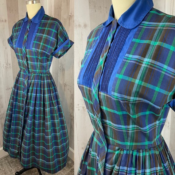 1950s Vintage Cotton Frock Blue & Green Plaid “Be… - image 4