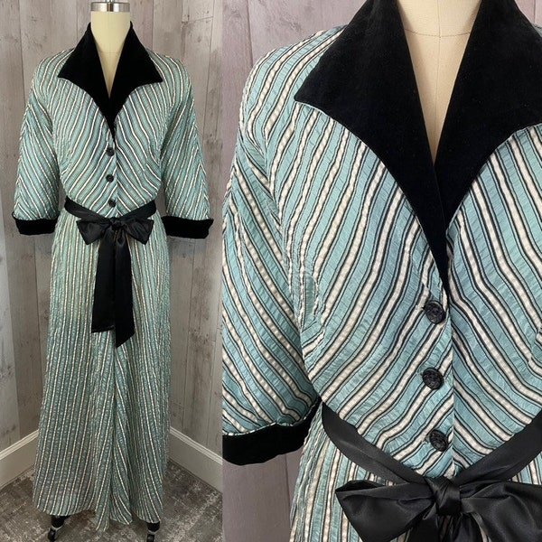 1930er Antiker Hollywood Glam Hausmantel Türkis Blau Schwarz Samt Robe ~S/M