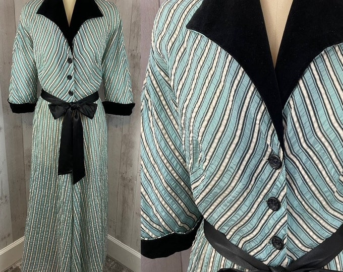 1930s Antique Hollywood Glam Dressing Gown Turquoise Blue Black Velvet Robe ~S/M