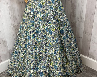 1940s Antique SKIRT Turquoise Blue/White Cotton Floral Print Hawaiian Vacation Lounge Wear~Small