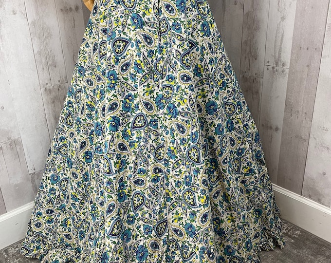 1940s Antique SKIRT Turquoise Blue/White Cotton Floral Print Hawaiian Vacation Lounge Wear~Small