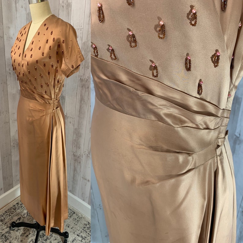 1940s Vintage Copper Liquid Satin Party Dress S/M WOUNDED image 7