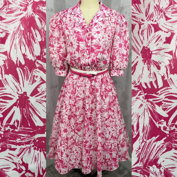 NOS Vintage 1970-talsklänning - knallrosa blommigt tryck med aline och resår i midjan Vtg 14P