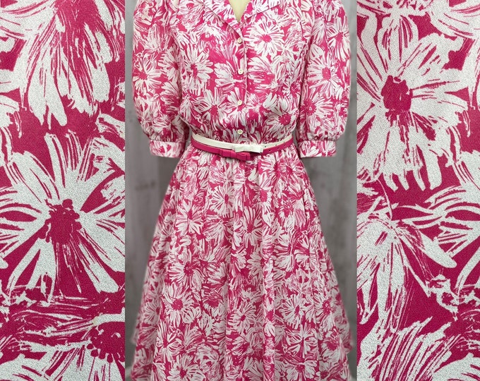 NOS Vintage 1970s Dress-Hot Pink Floral Print Aline w/Elastic Waist Vtg 14P