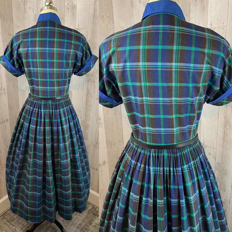 1950s Vintage Cotton Frock Blue & Green Plaid Betty Barclay Crinoline Aline Novelty Day Dress Medium image 2