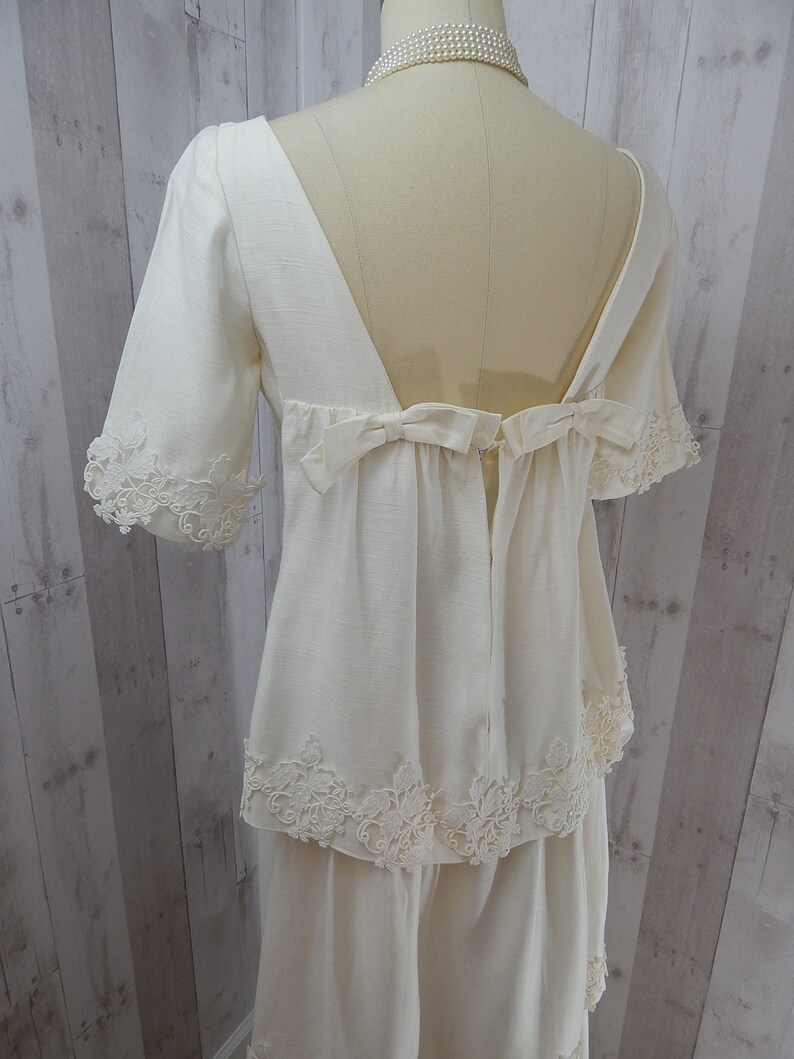 1960s Vintage Wedding Gown by Designer EMMA DOMB White Linen Applique Lace Trim Small