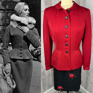 1940s True Vintage Custom Jacket/Blazer w/Nipped Waist Deep Red 36x28 Labeled "Tailored by Handmaker" Size S/2
