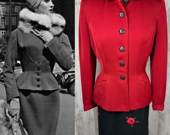 1940s True Vintage Custom Jacket/Blazer w/Nipped Waist Deep Red 36x28 Labeled "Tailored by Handmaker" Size S/2