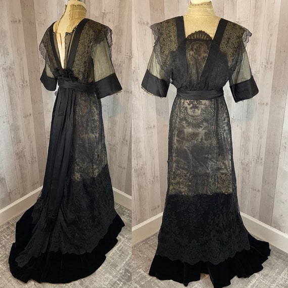 1910s Edwardian Dress Antique Tea Gown Black Lace
