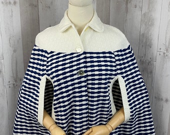 1970s Vintage Knit Poncho/Cape Cloak Royal Blue & White OSFM