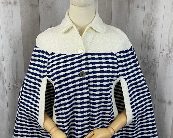 1970s Vintage Knit Poncho/Cape Cloak Royal Blue & White OSFM