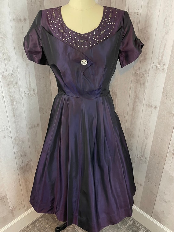 1950s Vintage Royal Purple Dress Taffeta Aline Pa… - image 7