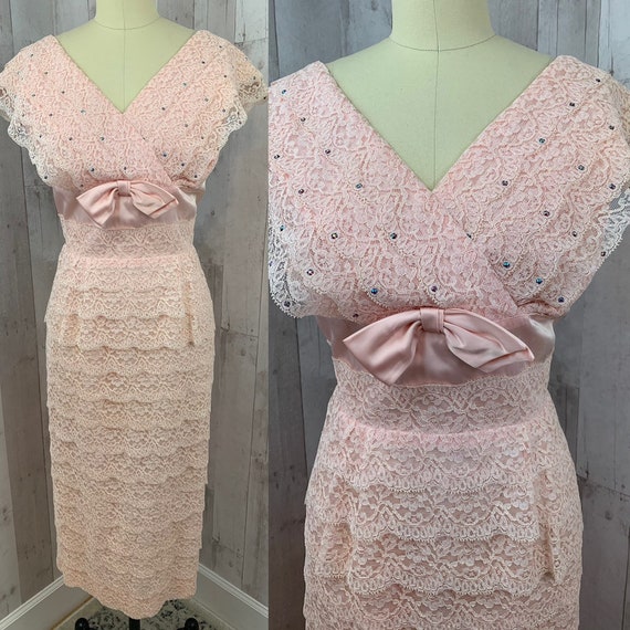 1950s Vintage Party DRESS~Pink Layered Lace w/Rhi… - image 1