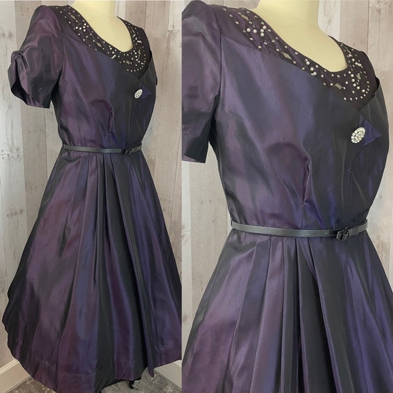 1950s Vintage Royal Purple Dress Taffeta Aline Pa… - image 5