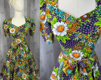 1970s Vintage Dress Colorful Floral Chiffon A-line Garden Frock 1960s S/XS
