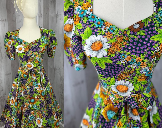 1970s Vintage Dress Colorful Floral Chiffon A-line Garden Frock 1960s S/XS