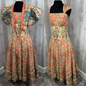 1930s Antique 2PC Cotton Floral Drop Waist A-line Dress w/Bolero Bohemian Style/Print