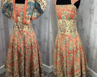 1930s Antique 2PC Cotton Floral Drop Waist A-line Dress w/Bolero Bohemian Style/Print