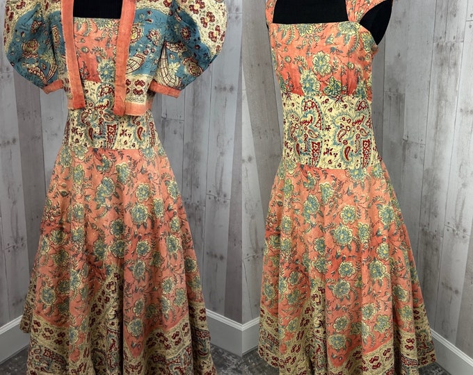 1930s Antique 2PC Cotton Floral Drop Waist A-line Dress w/Bolero Bohemian Style/Print