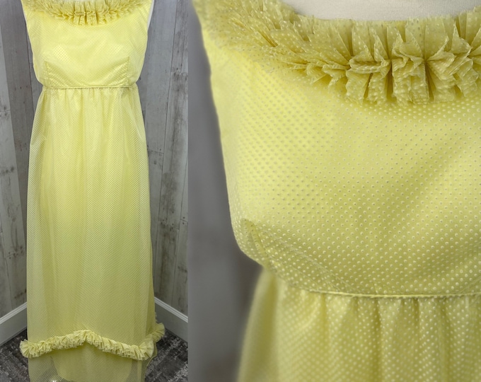 EMMA DOMB 1960s Vintage Party Dress Yellow Swiss Dot Overlay Gown M
