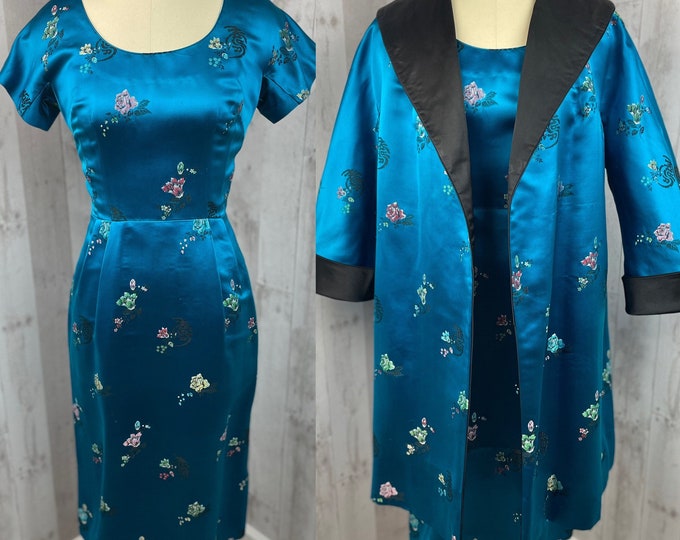 1950s Vintage 2PC Dress Suit~Chinese Turquoise Blue/Black Satin Reversible Style~S/M