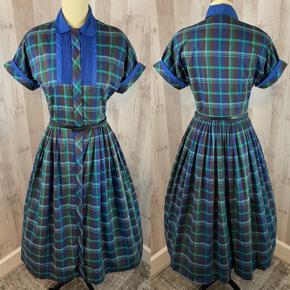 1950s Vintage Cotton Frock Blue & Green Plaid “Be… - image 3