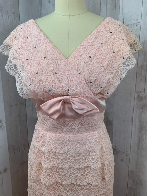 1950s Vintage Party DRESS~Pink Layered Lace w/Rhi… - image 7
