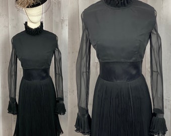 EMMA DOMB 1960s Vintage Dress~Jet Black Ruffled Overlay Gown