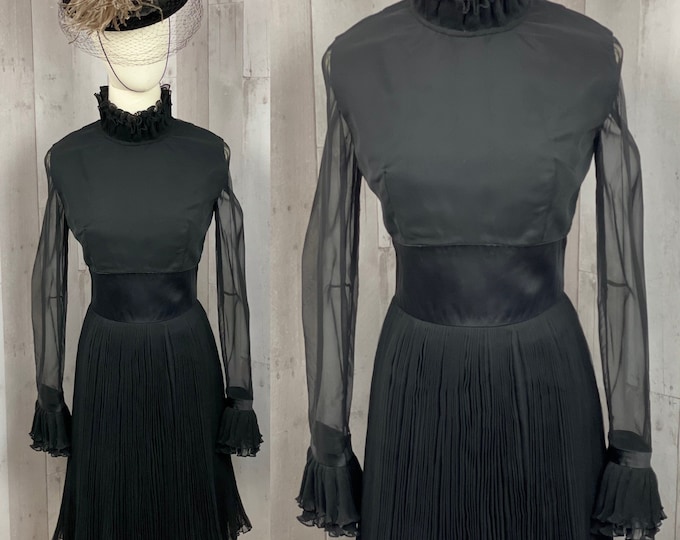 EMMA DOMB 1960s Vintage Dress~Jet Black Ruffled Overlay Gown