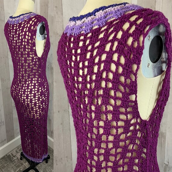 Vintage 1970s Dress Crochet Sheer GoGo Retro~Purp… - image 4