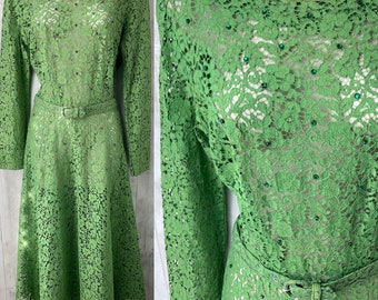 1940s Antique Aline Party Dress~Emerald Green Sheer Lace Embellished w/ Rhinestones S/M