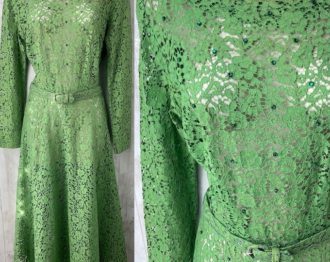 1940s Antique Aline Party Dress~Emerald Green Sheer Lace Embellished w/ Rhinestones S/M