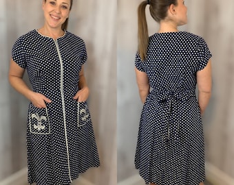 1940s Vintage Dress Cotton Day Frock Polka dot Navy Blue L/XL 1950s