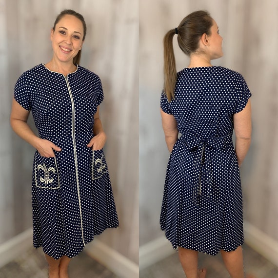 1940s Vintage Dress Cotton Day Frock Polka dot Nav
