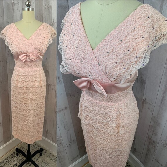 1950s Vintage Party DRESS~Pink Layered Lace w/Rhi… - image 3