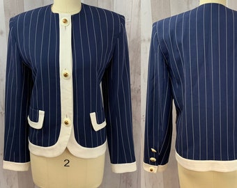 LILLI ANN 1970s Vintage Suit Career Jacket/Blazer~Navy Blue/Ivory Med