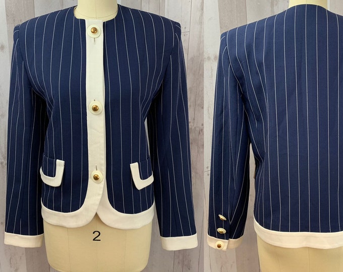 LILLI ANN 1970s Vintage Suit Career Jacket/Blazer~Navy Blue/Ivory Med