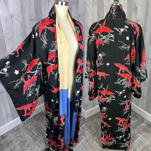 Antique Japanese Silk Kimono Robe- Red / Blue Crane Floral Print Unisex Large