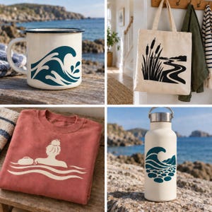 May include: A collection of items including a white enamel mug with a blue wave graphic, a beige canvas tote bag with a black nature print, a terracotta-colored sweatshirt with a cream-colored swimmer graphic, and a white water bottle with a blue wave design.
