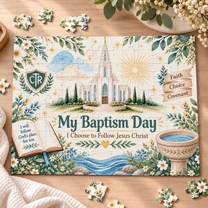 Pode incluir: Um quebra-cabeça retangular com uma ilustração de um templo, uma pia batismal e um livro aberto com o texto 'I will follow God's plan for me.' O quebra-cabeça inclui o texto 'My Baptism Day' e 'I Choose to Follow Jesus Christ'.