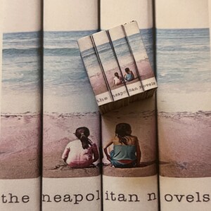 Op de afbeelding: Een set van vier boeken met een strandscene op de omslag. De boeken zijn op elkaar gestapeld en de titel "The Neapolitan Novels" is zichtbaar op de voorkant.