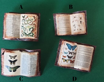 Dollhouse miniature butterflies and insects open book with leather covers