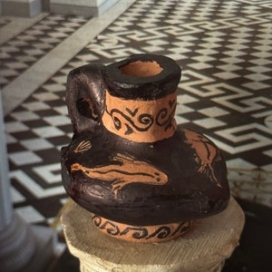 Dollhouse miniature ancient Greek vase oinochoe in terracotta with drawings of the sea, fishes. OOAK