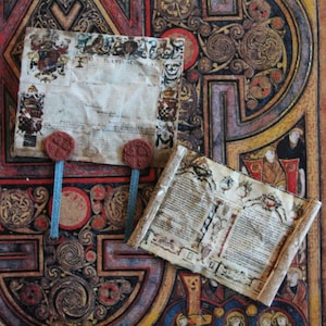 Dollhouse miniature pair of medieval scrolls, with reproductions of lacquer wax seals