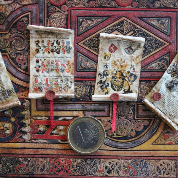 Dollhouse miniature awesome medieval scrolls set, with reproductions of lacquer wax seals