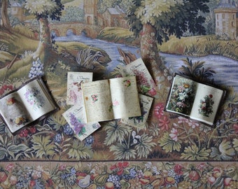 Casa de muñecas en miniatura Libros abiertos barrocos botánicos con fundas de cuero