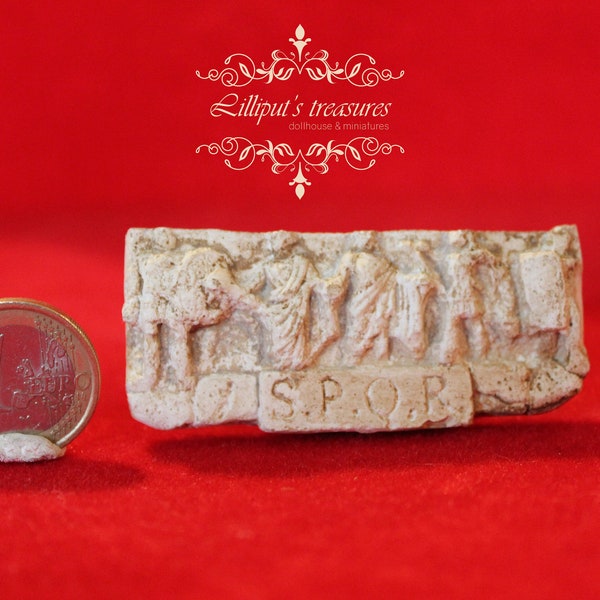 Dollhouse miniature piece of  S.P.Q.R  roman  wall or ancient gravestone of Roman sarcophagus