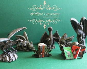 Dollhouse miniature dragon set - bookends and 3 books -